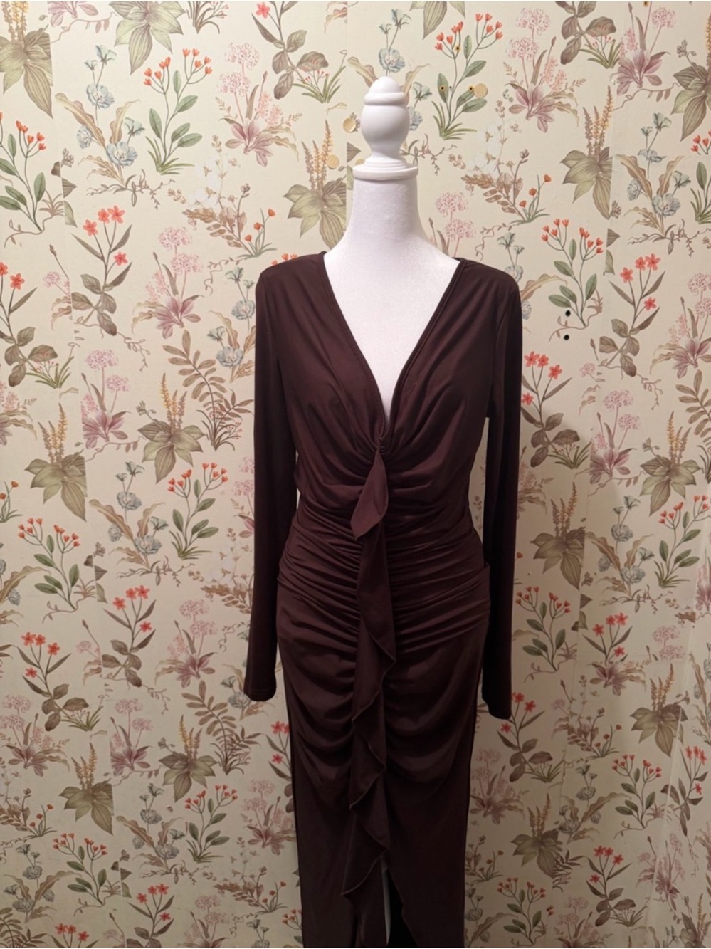 Long Sleeve Brown Ruched Twist Front Dress
